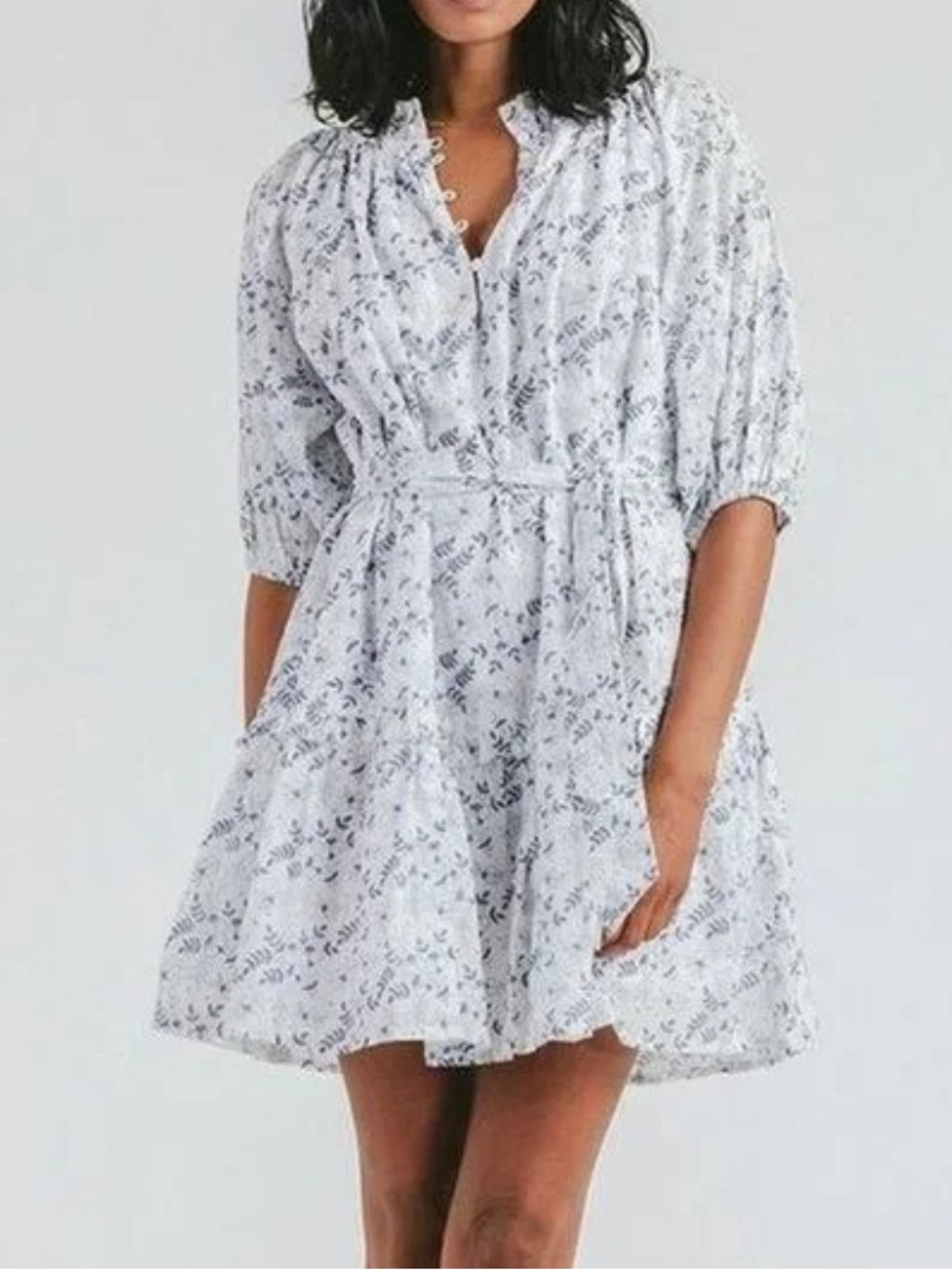 CLEOBELLA Women’s Size L Nevah Puff Sleeve Floral Mini Dress Blue White Feminine